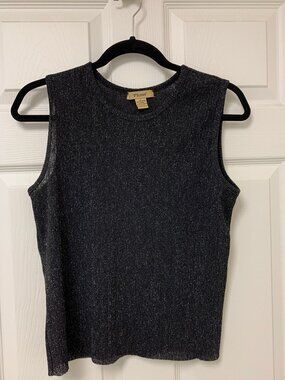 Plisse Womens Top Black Silver Metallic Shimmer Glitter Ribbed Sleeveless Y2K